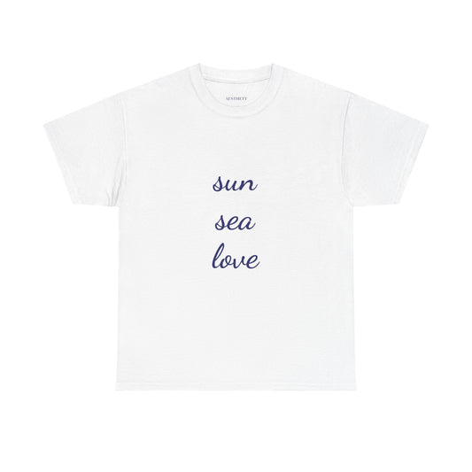 Minimalist White Tee — sun sea love" T-Shirt